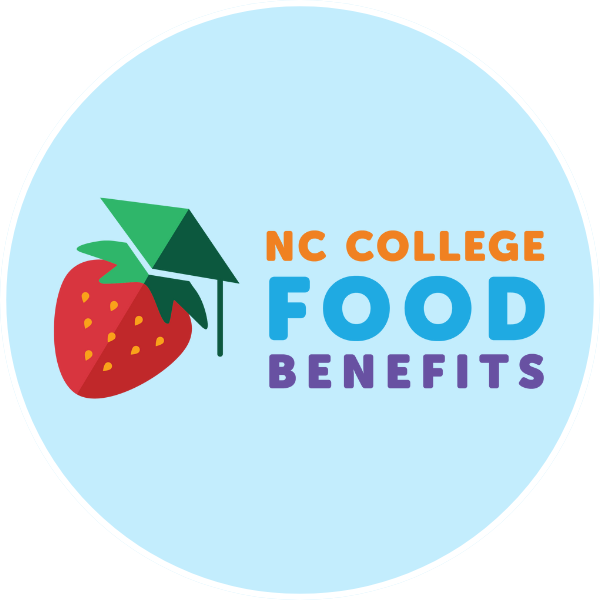 strawberry with a graduation hat and NC College Food Benefits logo with link to website